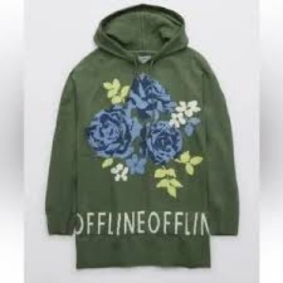 OFFLINE By Aerie Green Floral Rose Print Sweater Hoodie Size Medium - Picture 2 of 14